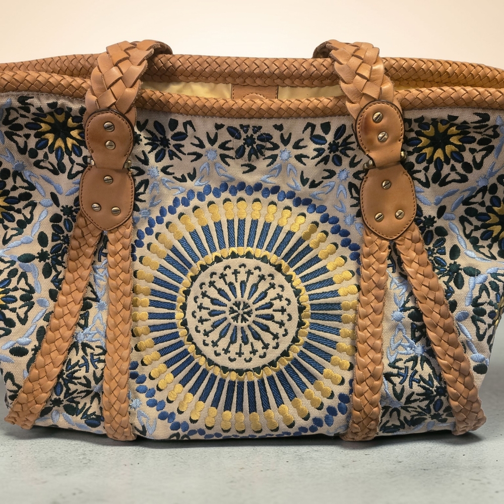 Cole Haan Sierra Embroidered Tan and Blue Tote Bag